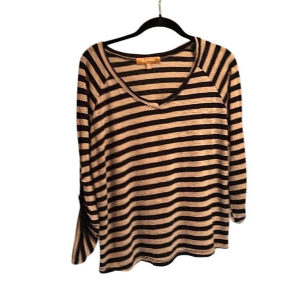 Ellen Tracy women’s v-neck shirt Size XL Tan and navy striped